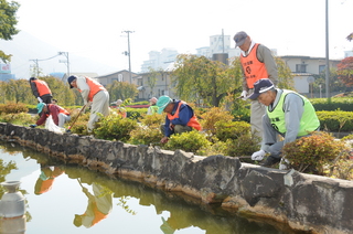 秋空の下、担当エリアに分かれて除草作業