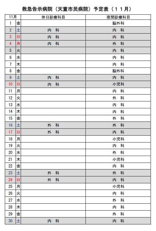 11月分市民病院です。